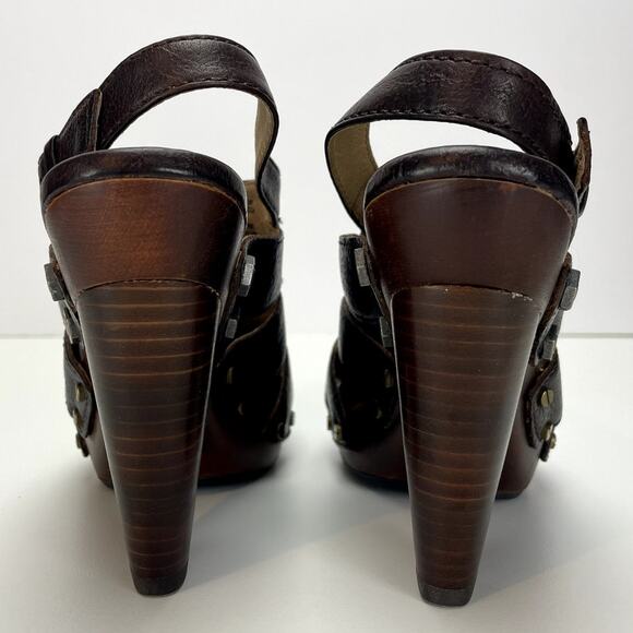 FRYE Slingback Brown Leather Platform Clog Shoe Womens (6)‎ Flora Stitch Boho - Picture 4 of 8